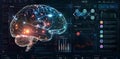 AI system analysis interface displaying brain data and neural connections visualizations Royalty Free Stock Photo