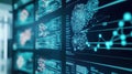 AI tech accelerates drug development in lab. Digital molecule models, complex data visualizations on screens show tech, science