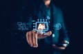 AI tech. Artificial intelligence. Businessman us technology smart robot AI. Chatbot concept. Modern screen digital communication d Royalty Free Stock Photo