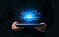 Ai tech, businessman show virtual graphic Chat with AI, Artificial Intelligence