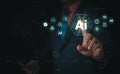 Ai tech, businessman touch on virtual graphic Global Internet connect to Chat with AI, Artificial Intelligence