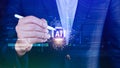 Ai tech, Businessman using virtual graphic Global Internet connect Chatgpt Chat with AI, Artificial Intelligence, using command