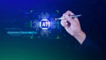 Ai tech, Businessman using virtual graphic Global Internet connect Chatgpt Chat with AI, Artificial Intelligence, using command