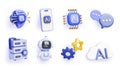 AI technology cartoon 3d render icon set. Artificial intelligence robot bot character, computer server, brain, circuit