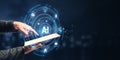AI technology concept with digital icons and tablet interface on dark background Royalty Free Stock Photo