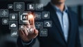 AI Technology Concept with Man Touching Virtual Icons Representing Artificial Intelligence Applications Royalty Free Stock Photo