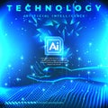 AI technology concept transparent hand holding brain and wave dot line futuristic style elegant blue tone over exposed background Royalty Free Stock Photo