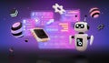 AI technology. 3D futuristic robot. Digital HUD data text or software bot. Tech programming. Computer microchip