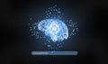 Ai technology. Glowing particles form a virtual graphic shape of brain with circuit pattern, and AI chip. Chat with AI, Artificial