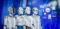 Ai technology with group of humanoid robots with hud graphic interface