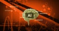 AI text and brain image over DNA strand and hexagonal patterns