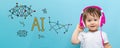 AI theme with toddler boy with headphones Royalty Free Stock Photo