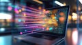AI transforms data into vibrant patterns from a laptop in a modern workspace