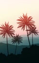 Natural Coconut trees. Mountains horizon hills. Silhouettes of palm trees and hills. Sunrise and sunset. Landscape wallpaper. Royalty Free Stock Photo