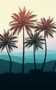 Natural Coconut trees. Mountains horizon hills. Silhouettes of palm trees and hills. Sunrise and sunset. Landscape wallpaper. Royalty Free Stock Photo