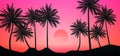 Natural Coconut trees. Mountains horizon hills. Silhouettes of palm trees and hills. Sunrise and sunset. Landscape wallpaper. Royalty Free Stock Photo