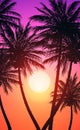 Natural Coconut trees. Mountains horizon hills. Silhouettes of palm trees and hills. Sunrise and sunset. Landscape wallpaper. Royalty Free Stock Photo