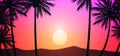 Natural Coconut trees. Mountains horizon hills. Silhouettes of palm trees and hills. Sunrise and sunset. Landscape wallpaper. Royalty Free Stock Photo