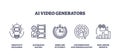 AI video generators for content creation automation outline icons collection Royalty Free Stock Photo