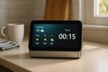 Smart AI Voice Assistant Display with Weather Interface in Kitchen Royalty Free Stock Photo