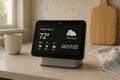 Smart AI Voice Assistant Display with Weather Interface in Kitchen Royalty Free Stock Photo