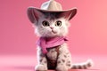 From Whiskers to Western: A 3D Cat\'s Dream of Cowboy Life Realized on Pink Gradient Background