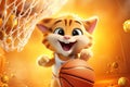 From Whiskers to Winner\'s Circle: A 3D Cat\'s Fancy Basketball Feats on Orange Golden Gradient Background