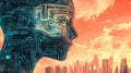 AI Woman Circuit Board Profile In Cityscape Royalty Free Stock Photo