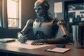 AI Writing: ChatGPT robot writing essays with a pen on paper, Generative AI