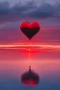 Surreal Glossy Red Heart Floating Above a Calm Ocean at Sunset with a Lone Boatman Reflection Royalty Free Stock Photo