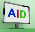 Aid On Monitor Shows Aiding Help Or Relief Royalty Free Stock Photo