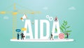 Aida attention interest desire action sales funnel marketing business concept with team people and big word - vector