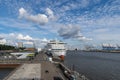 AIDA perla in the harbor of Hamburg with a fantastic sky with beautiful clouds, Germany Royalty Free Stock Photo