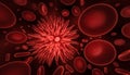 Aids or generic virus among flowing red blood cells. Medical and biology 3d render illustration