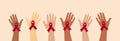 AIDs HIV awareness red ribbons. Human hands raised. 1st of December. Vector