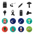 AIDS tape, tablets, opium poppy, a tube for hashish.Drug set collection icons in black,flet style vector symbol stock