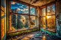 AIEnhanced Urban Exploration A Desolate Abandoned Building with Shattered Windows A Study in Decay and Isolation Royalty Free Stock Photo