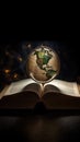 A glowing globe above an open book. A symbol of knowledge. Royalty Free Stock Photo