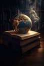 A glowing globe above an open book. A symbol of knowledge. Royalty Free Stock Photo