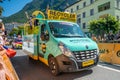 Aigle, Valais Canton, Switzerland -10 July, 2022: Passage of an advertising car of ecosystem in the caravan of the Tour de France