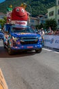 Aigle, Valais Canton, Switzerland -10.07.2022: Passage of an advertising car of Haribo in the caravan of the Tour de France in