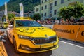 Aigle, Valais Canton, Switzerland -10.07.2022: Passage of an advertising car of yellow jersey LCL in the caravan of the Tour de