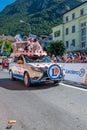 Aigle, Valais Canton, Switzerland -10.07.2022: Passage of an advertising car of E.Leclerc in the caravan of the Tour of France