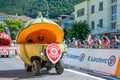 Aigle, Valais Canton, Switzerland -10.07.2022: Passage of an advertising car of E.Leclerc in the caravan of the Tour of France