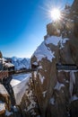 The Aiguille du Midi footbridge. Aiguiulle du Midi, Mont Blanc, Chamonix, Haute-Savoie, European Alps, France Royalty Free Stock Photo
