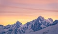 Aiguille du Midi right and Aiguille Verte left in the Mont-Blanc range near Chamonix, shoted from MegÃÂ¨ve, Haute-Savoie, France Royalty Free Stock Photo