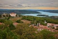 Aiguines, Var, Provence-Alpes-Cote d`Azur, France: the Lake of Sainte-Croix, the village and the ancient castle Royalty Free Stock Photo