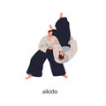 Aikido fight, battle. Japanese martial art, wrestling. Two Japan athletes fighters combat. Sport competitor attacking, throwing