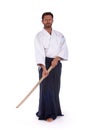 Aikido master with bokken Royalty Free Stock Photo