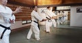 Aikido, stick and fight class with weapon training and wooden sword for self defence exercise. Dojo, students and people Royalty Free Stock Photo